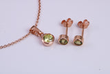Real Peridot set Necklace and Matching Stud Earrings, made from solid Sterling Silver and 18ct Rose Gold Plated