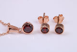 Real Garnet set Necklace and Matching Stud Earrings, made from solid Sterling Silver and 18ct Rose Gold Plated