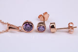 Real Amethyst set Necklace and Matching Stud Earrings, made from solid Sterling Silver and 18ct Rose Gold Plated