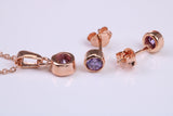 Real Amethyst set Necklace and Matching Stud Earrings, made from solid Sterling Silver and 18ct Rose Gold Plated