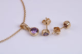 Real Amethyst set Necklace and Matching Stud Earrings, made from solid Sterling Silver and 18ct Yellow Gold Plated