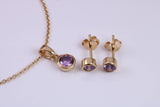Real Amethyst set Necklace and Matching Stud Earrings, made from solid Sterling Silver and 18ct Yellow Gold Plated