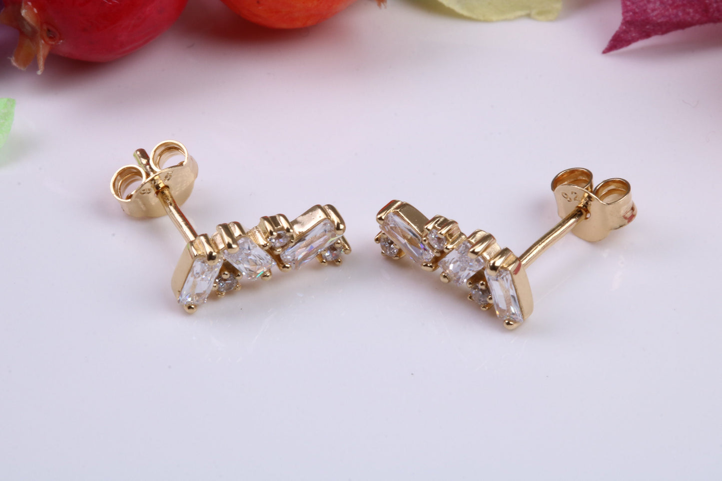 12 mm Long Cubic Zirconia set Earrings, Made from Solid 925 Grade Sterling Silver and 18ct Yellow Gold Plated