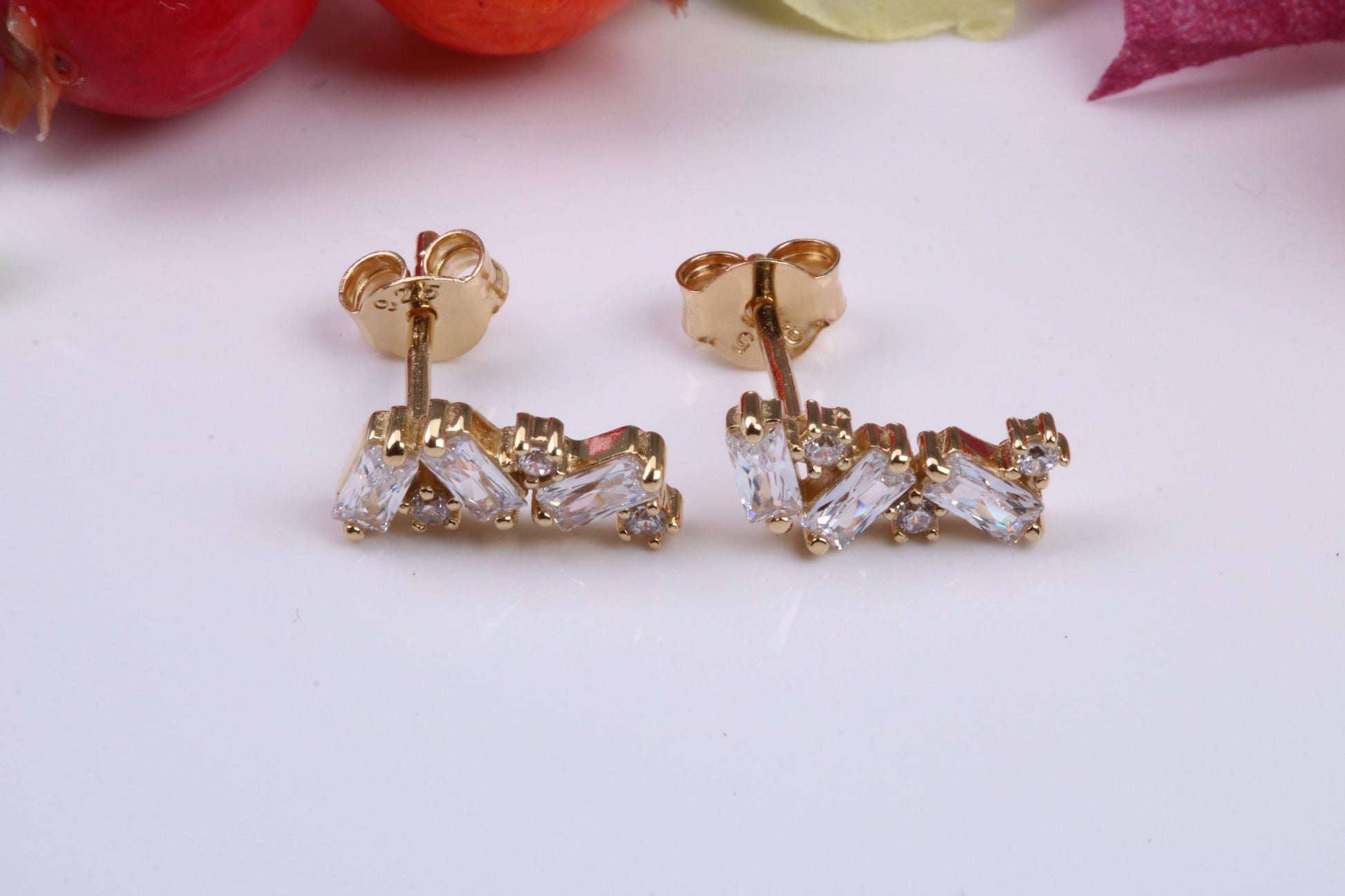 12 mm Long Cubic Zirconia set Earrings, Made from Solid 925 Grade Sterling Silver and 18ct Yellow Gold Plated