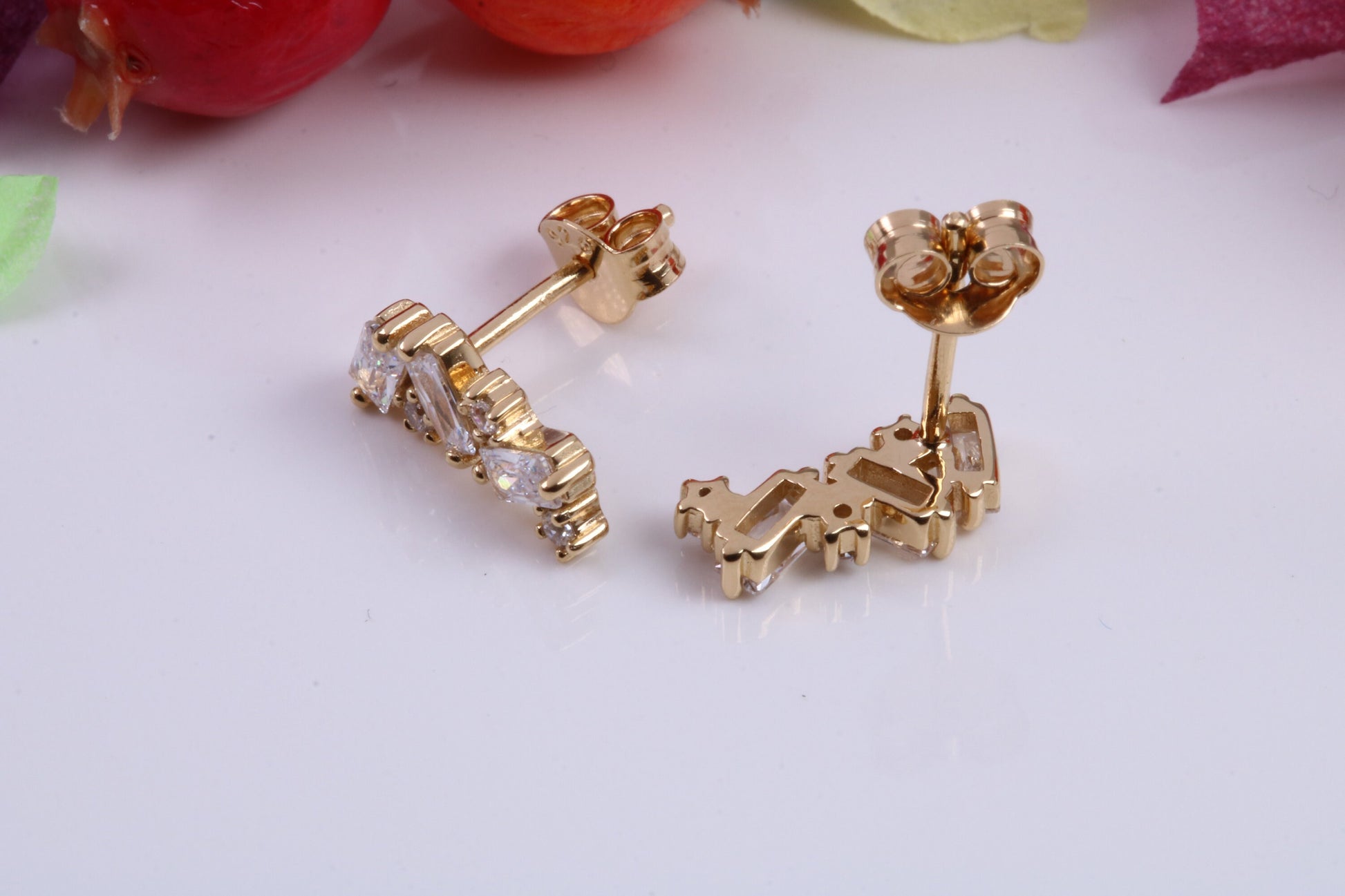 12 mm Long Cubic Zirconia set Earrings, Made from Solid 925 Grade Sterling Silver and 18ct Yellow Gold Plated