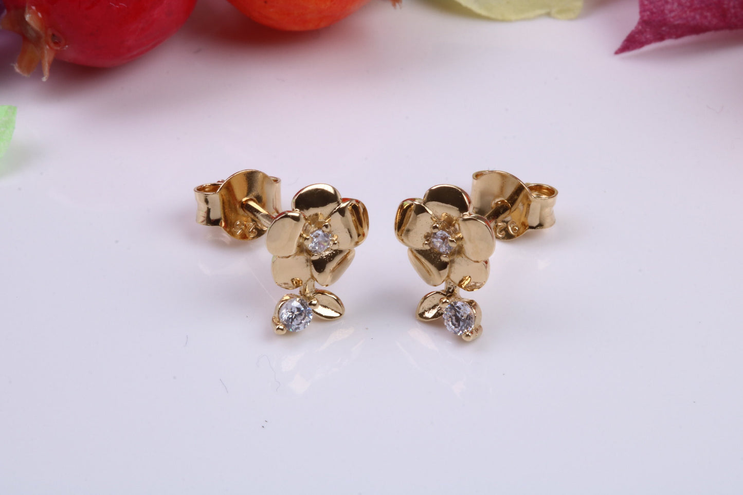 Rose Flower Cubic Zirconia set Earrings, Made from Solid 925 Grade Sterling Silver and 18ct Yellow Gold Plated