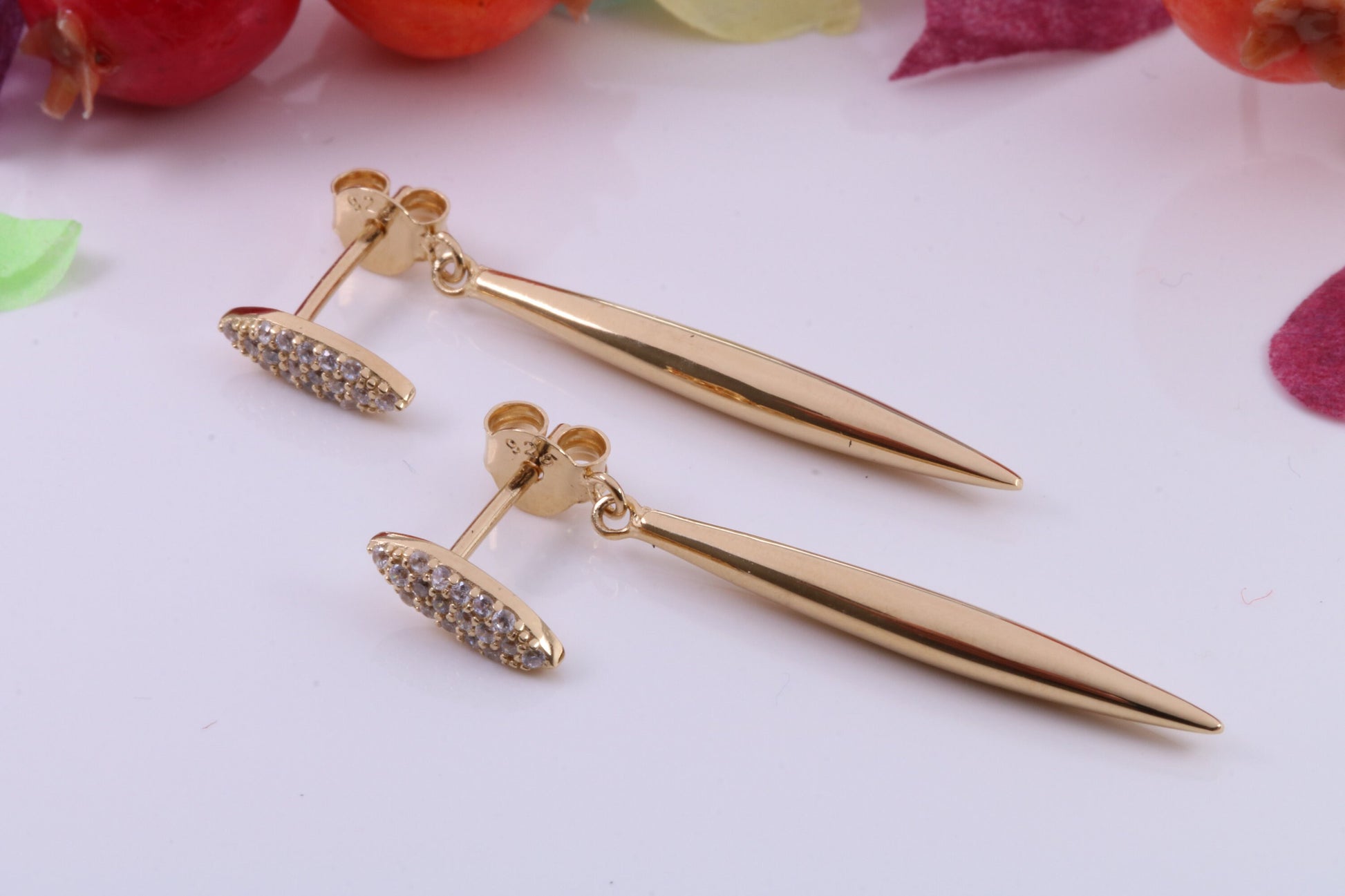 36 mm Long Cubic Zirconia set Dropper Earrings, Made from Solid 925 Grade Sterling Silver and 18ct Yellow Gold Plated