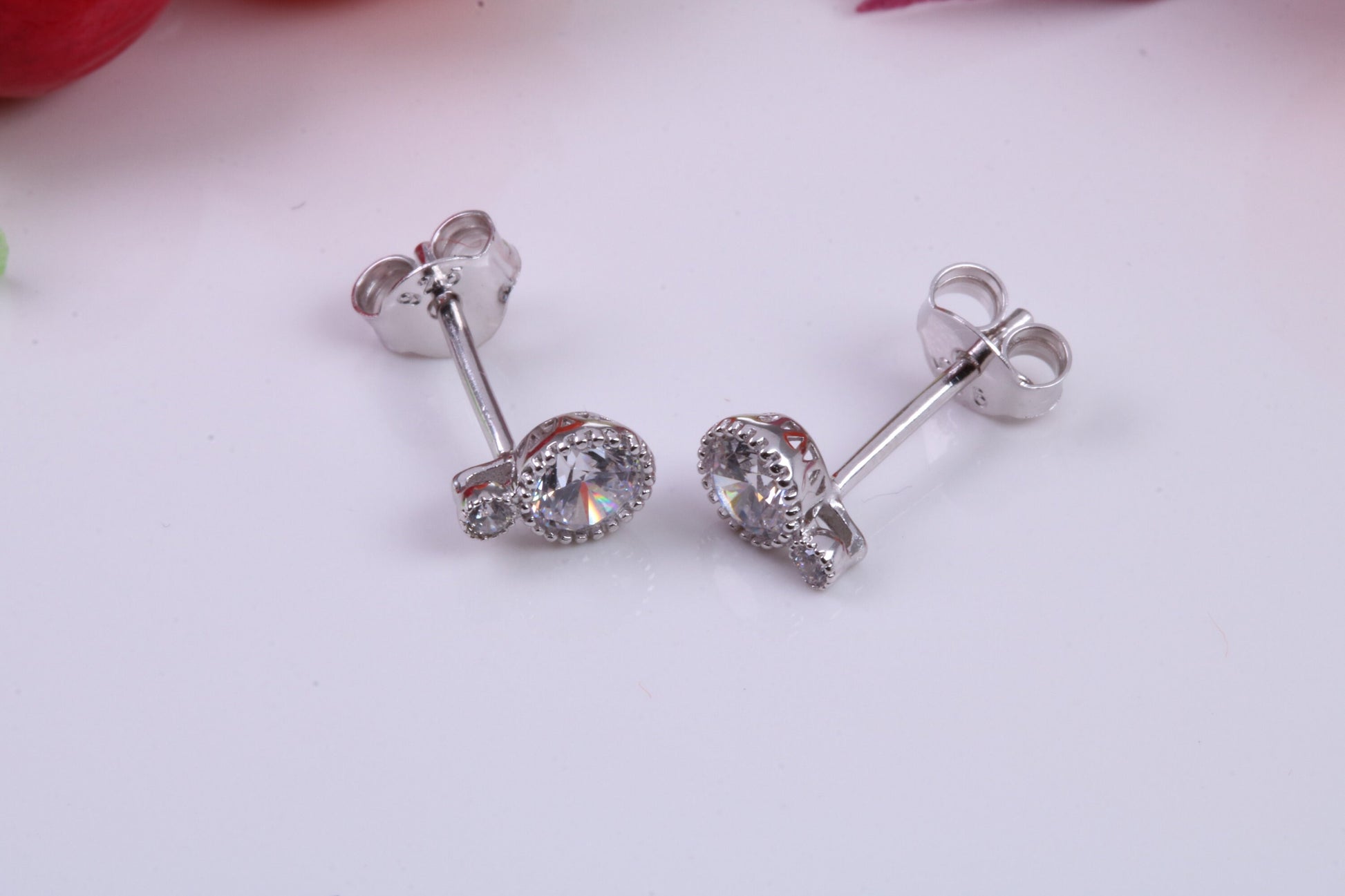 7 mm Long Stud Cubic Zirconia set Earrings, Very Dressy, Made from Solid 925 Grade Sterling Silver