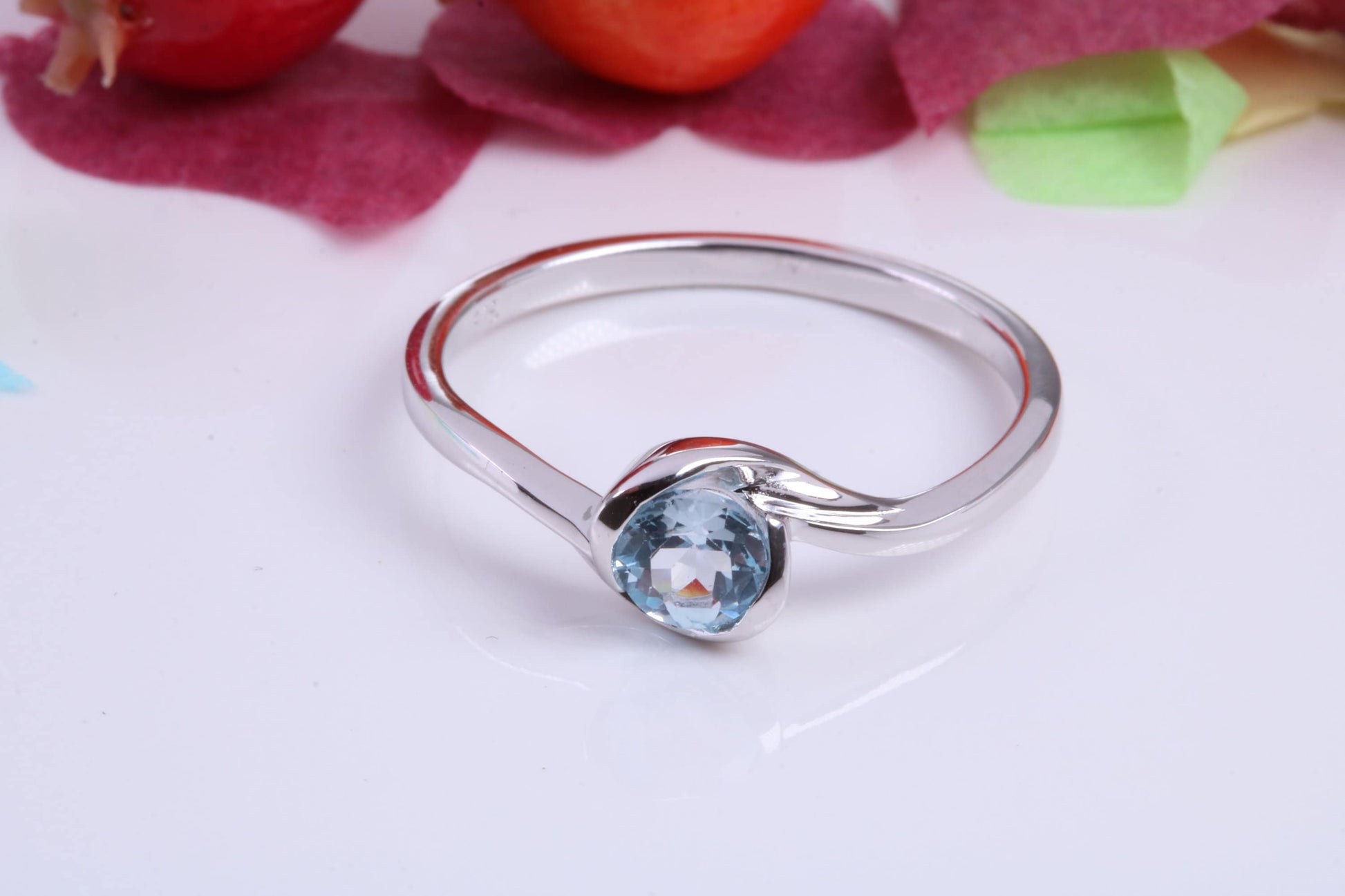 Natural Round cut Blue Topaz set Sterling Silver Ring, Very Smooth Setting, November Birthstone