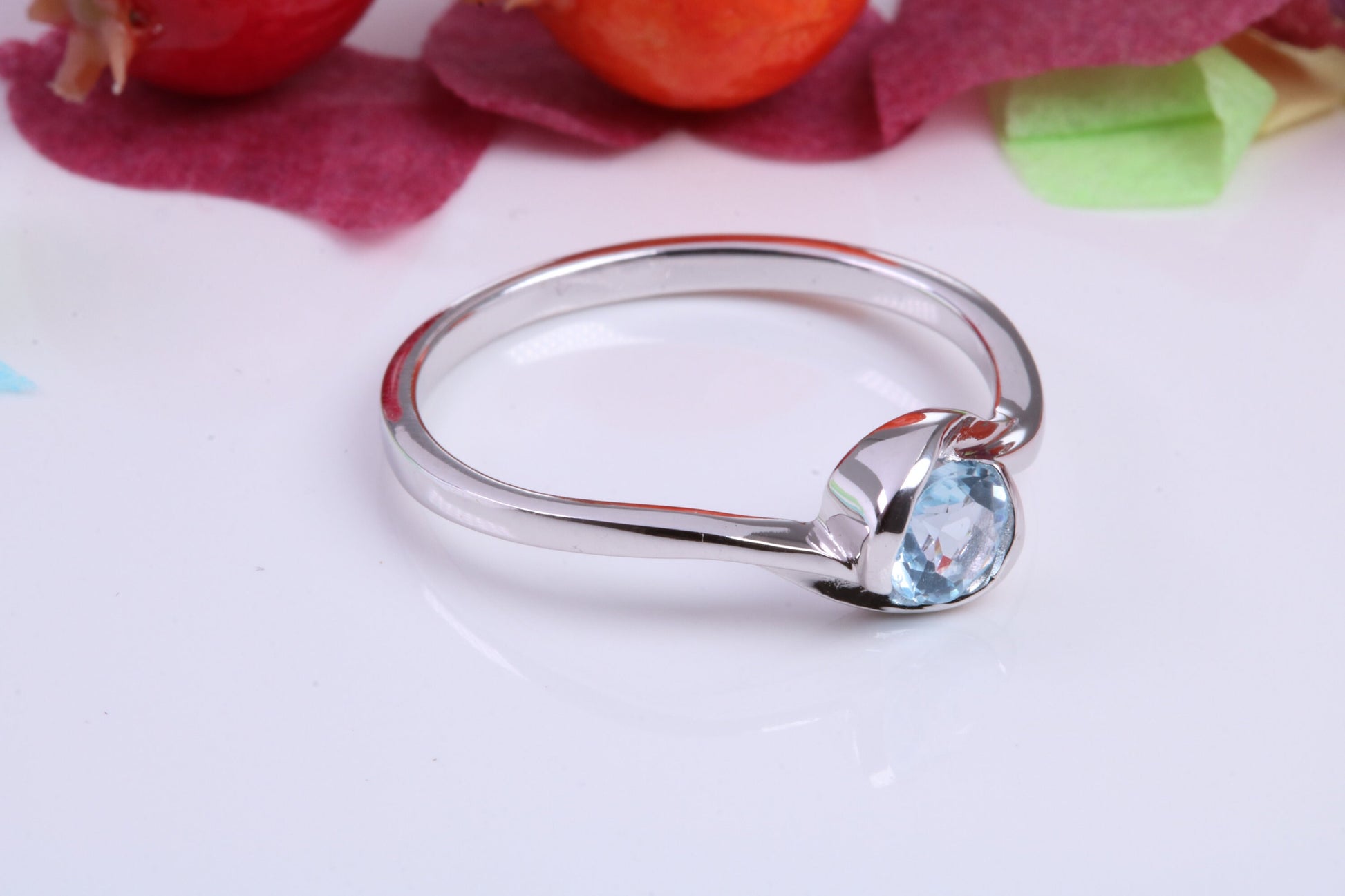 Natural Round cut Blue Topaz set Sterling Silver Ring, Very Smooth Setting, November Birthstone