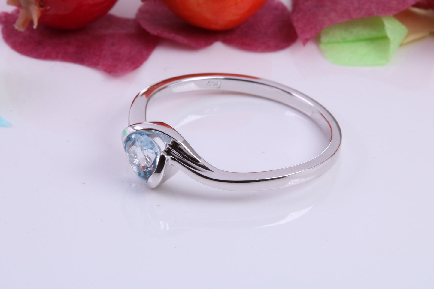 Natural Round cut Blue Topaz set Sterling Silver Ring, Very Smooth Setting, November Birthstone