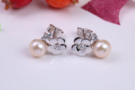 Rose Flower Pearl and Cubic Zirconia set Stud Earrings, Very Dressy, Made from Solid 925 Grade Sterling Silver