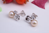 Rose Flower Pearl and Cubic Zirconia set Stud Earrings, Very Dressy, Made from Solid 925 Grade Sterling Silver