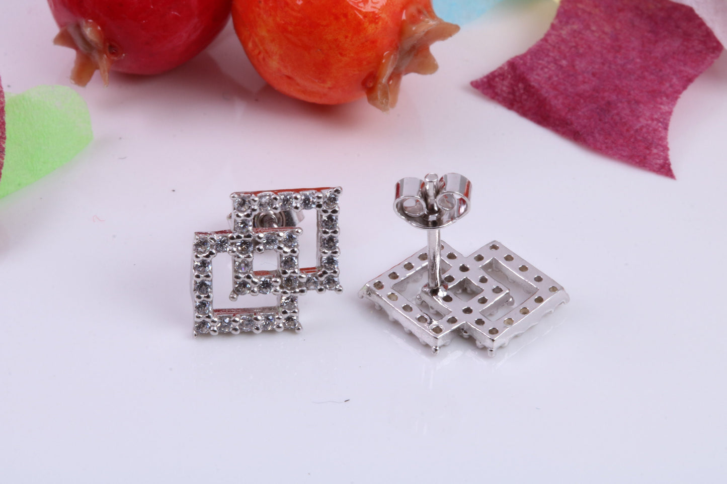 Double Square Cubic Zirconia set Earrings, Very Dressy, Made from Solid 925 Grade Sterling Silver