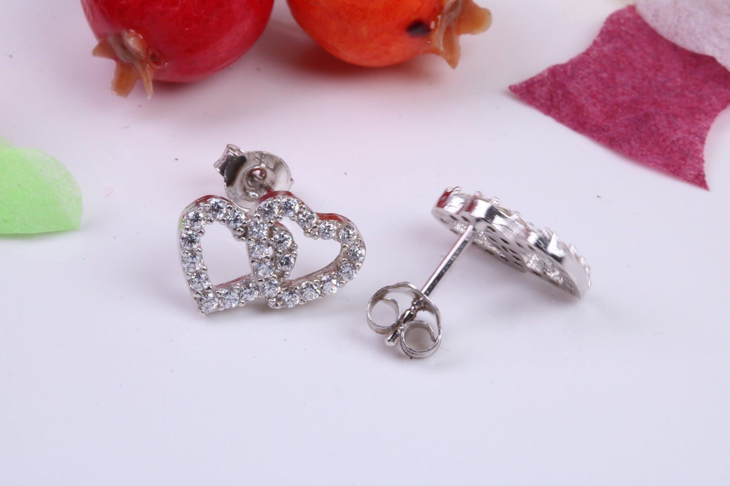 Love Hearts Cubic Zirconia set Stud Earrings, Very Dressy, Made from Solid 925 Grade Sterling Silver