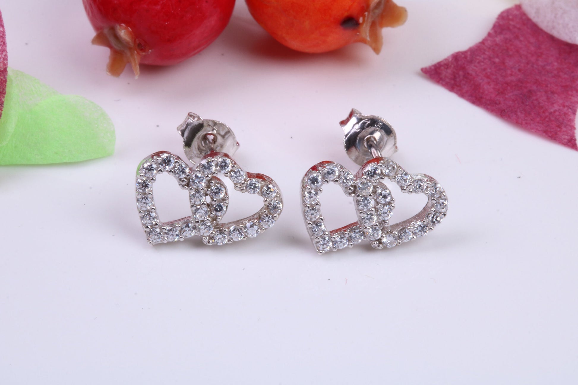 Love Hearts Cubic Zirconia set Stud Earrings, Very Dressy, Made from Solid 925 Grade Sterling Silver