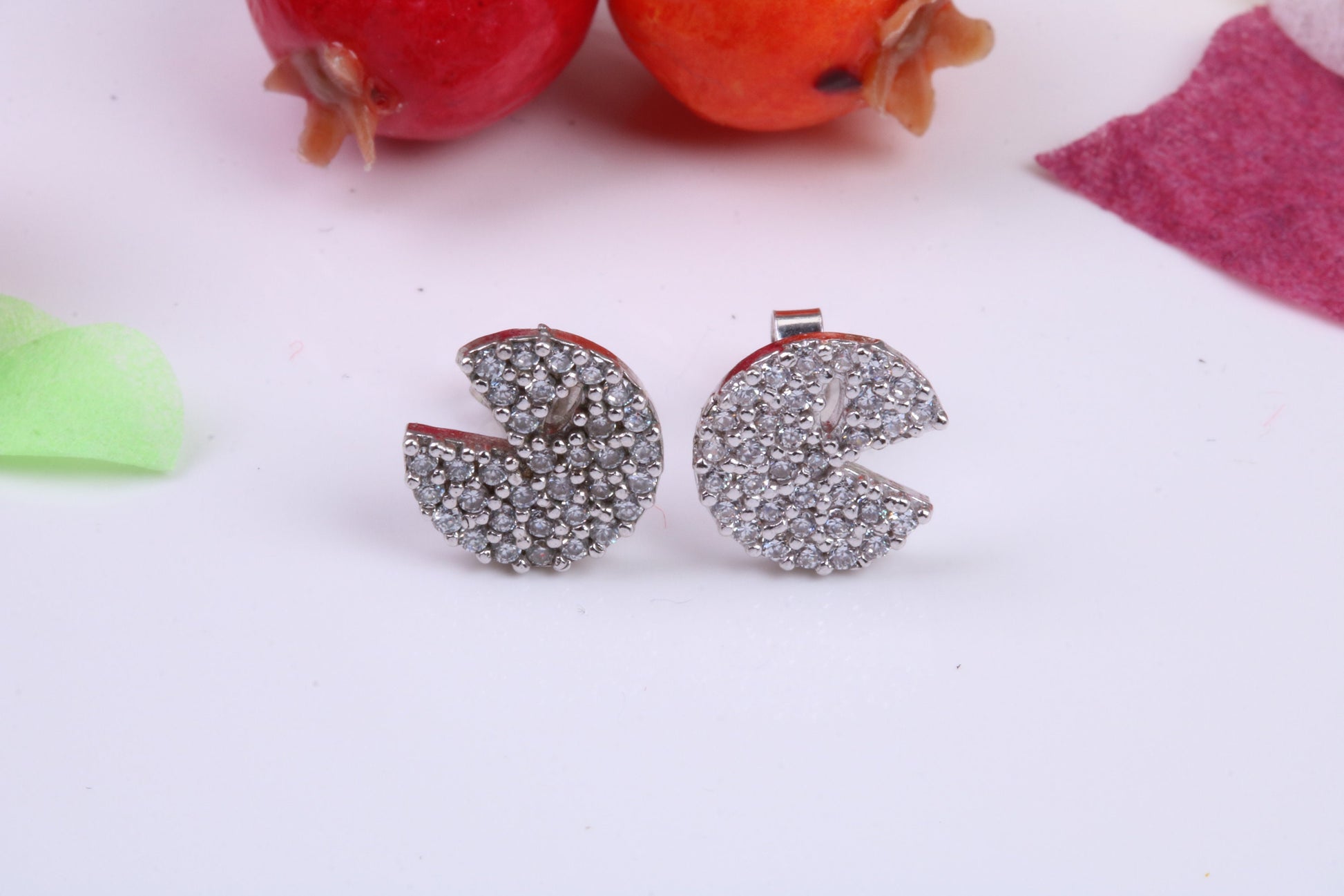 Pac Man Cubic Zirconia set Earrings, Very Dressy, Made from Solid 925 Grade Sterling Silver