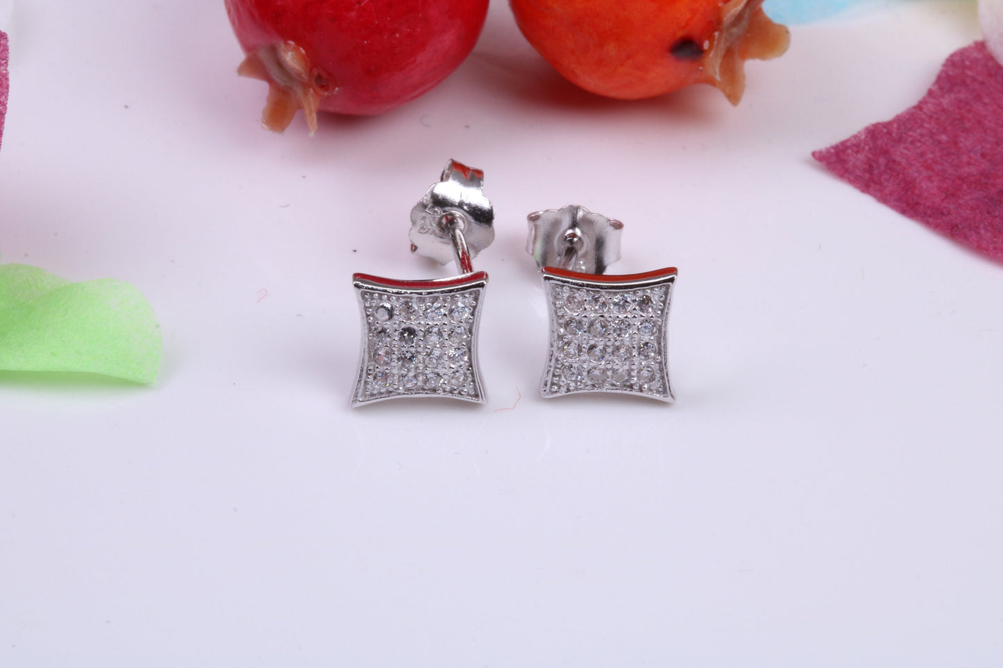 7 mm Square Cubic Zirconia set Stud Earrings, Very Dressy, Made from Solid 925 Grade Sterling Silver