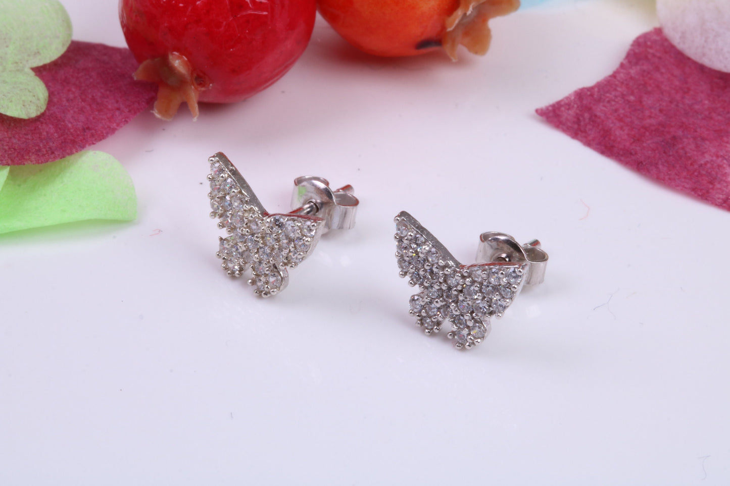 Butterfly Cubic Zirconia set Stud Earrings, Very Dressy, Made from Solid 925 Grade Sterling Silver