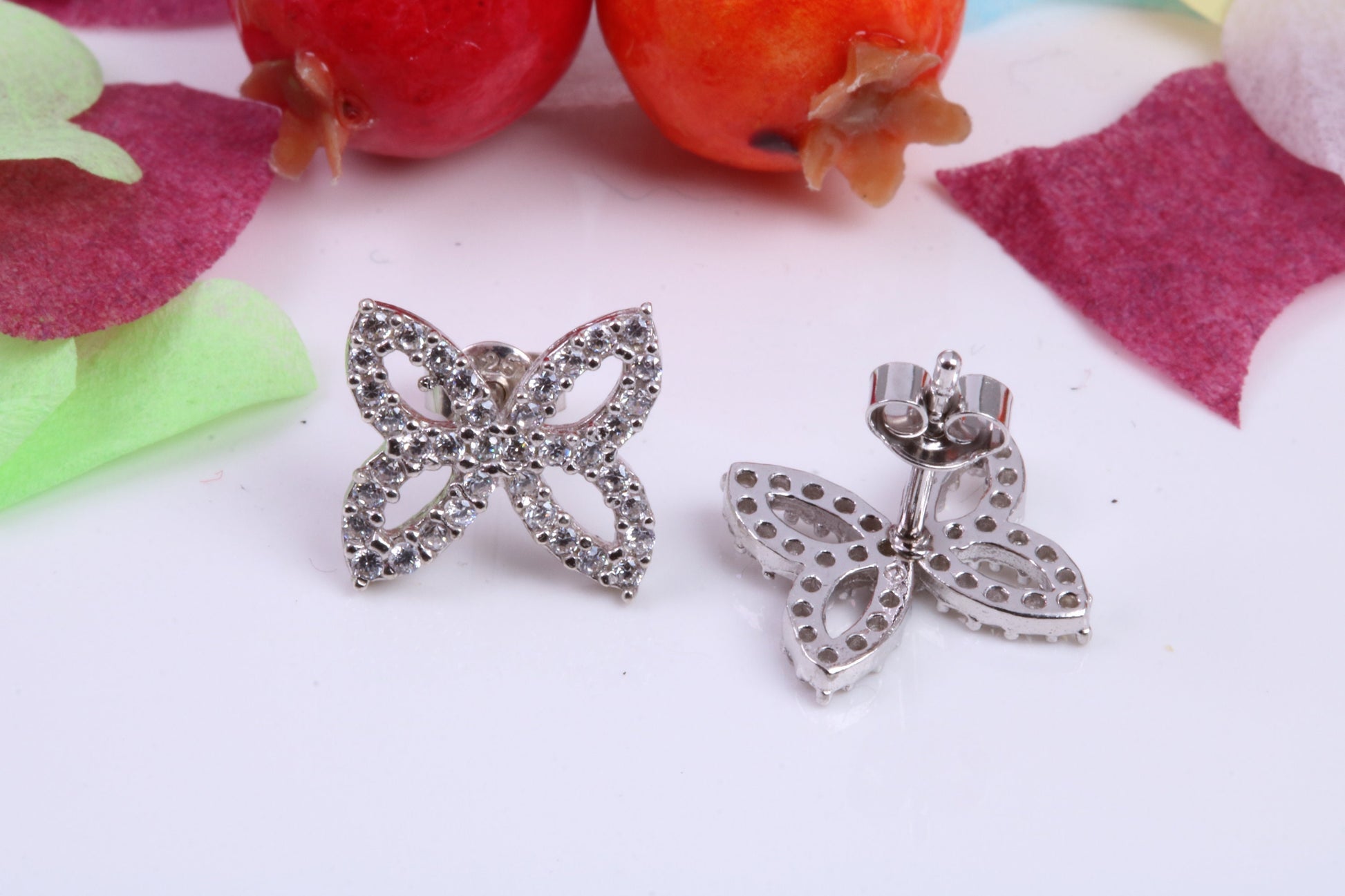 Butterfly Cubic Zirconia set Stud Earrings, Very Dressy, Made from Solid 925 Grade Sterling Silver