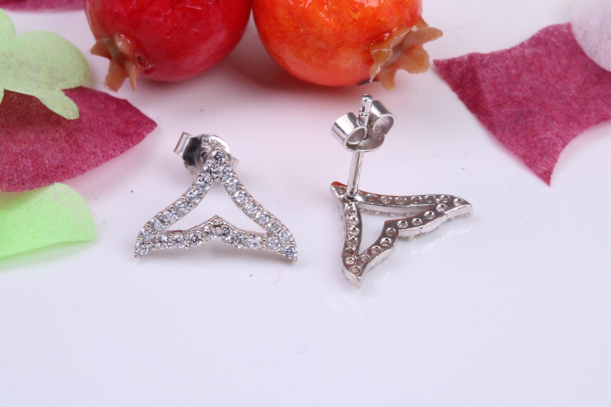 Whale Fin Cubic Zirconia set Stud Earrings, Very Dressy, Made from Solid 925 Grade Sterling Silver