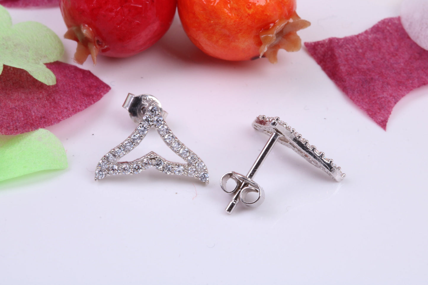 Whale Fin Cubic Zirconia set Stud Earrings, Very Dressy, Made from Solid 925 Grade Sterling Silver