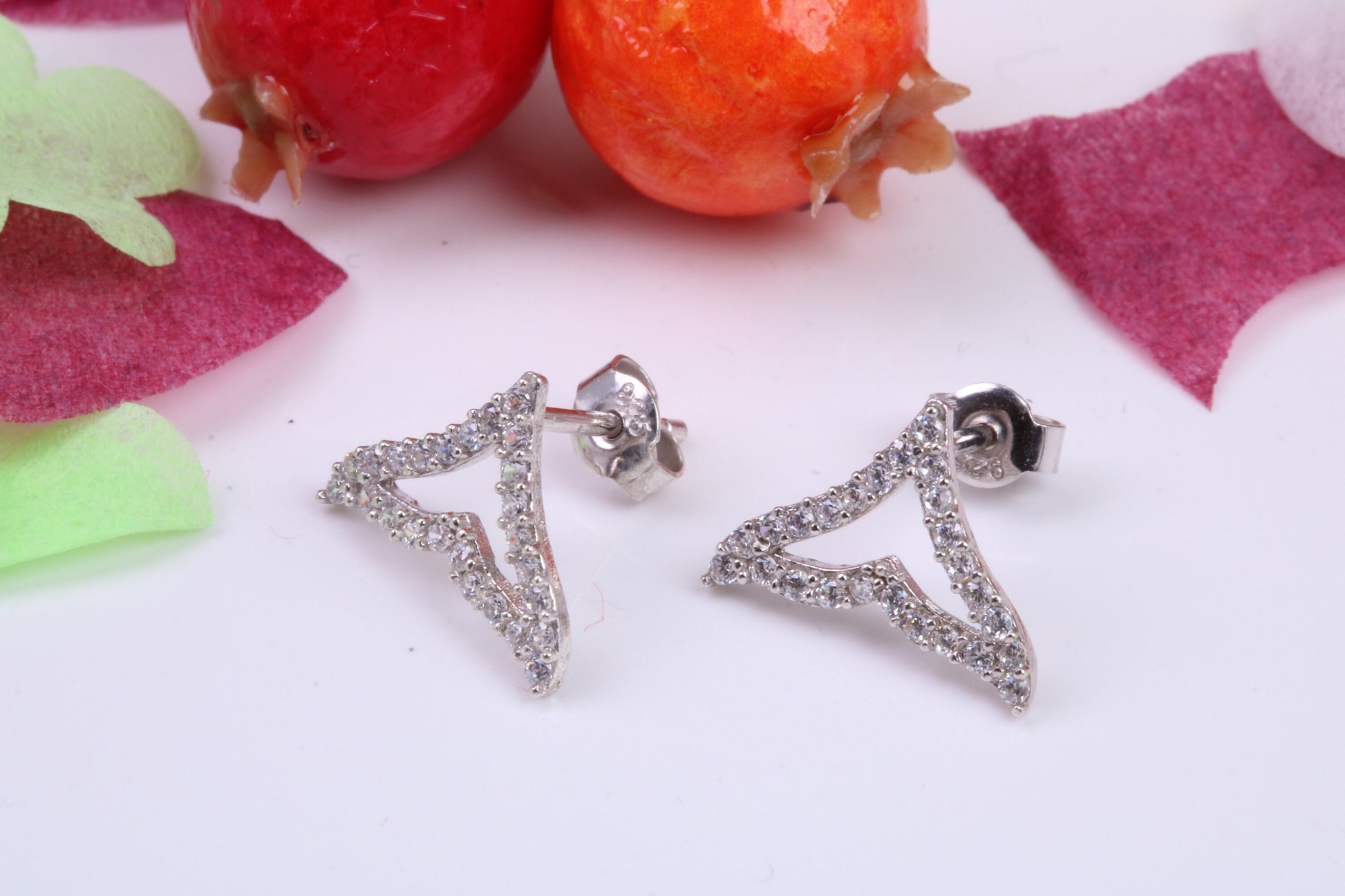 Whale Fin Cubic Zirconia set Stud Earrings, Very Dressy, Made from Solid 925 Grade Sterling Silver