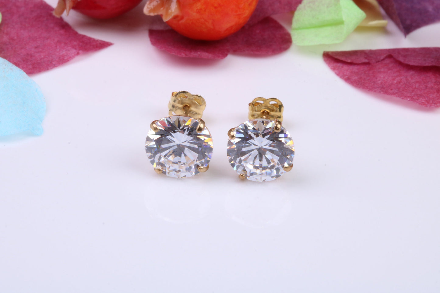 Cast Gold 8 mm Round Cubic Zirconia set Stud Earrings, Made from Solid 9ct Yellow Gold Casting, Ideal for Gents