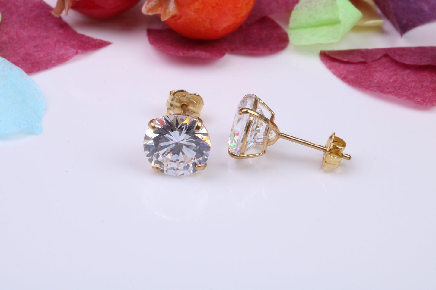 Cast Gold 8 mm Round Cubic Zirconia set Stud Earrings, Made from Solid 9ct Yellow Gold Casting, Ideal for Gents