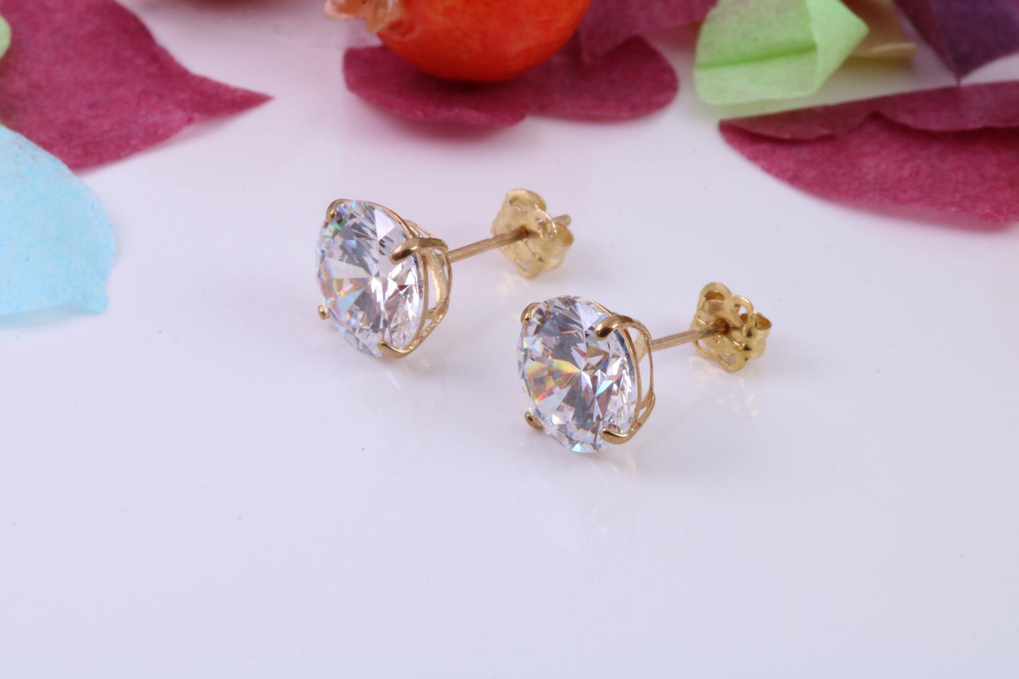 Cast Gold 8 mm Round Cubic Zirconia set Stud Earrings, Made from Solid 9ct Yellow Gold Casting, Ideal for Gents