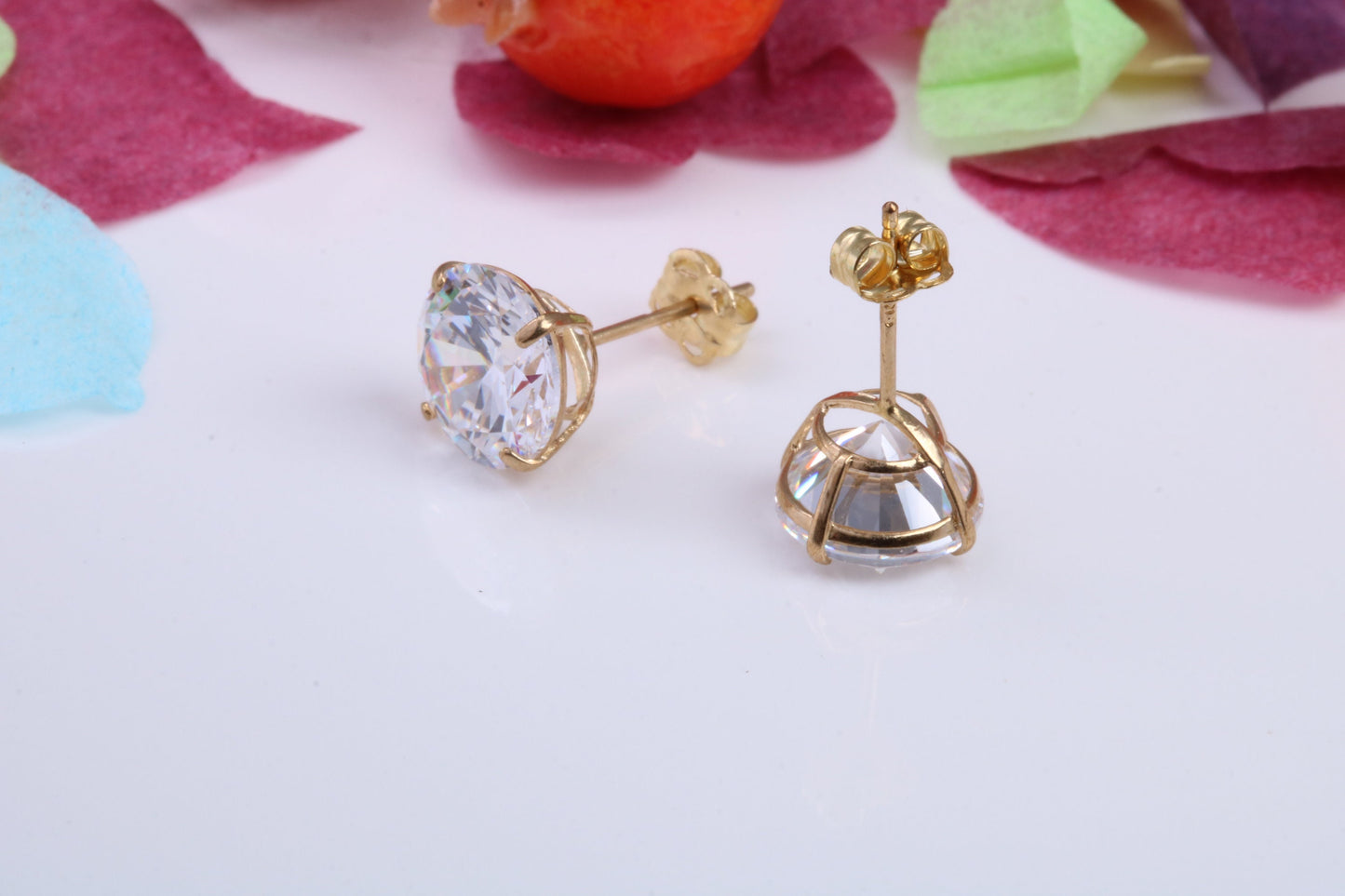 Cast Gold 8 mm Round Cubic Zirconia set Stud Earrings, Made from Solid 9ct Yellow Gold Casting, Ideal for Gents