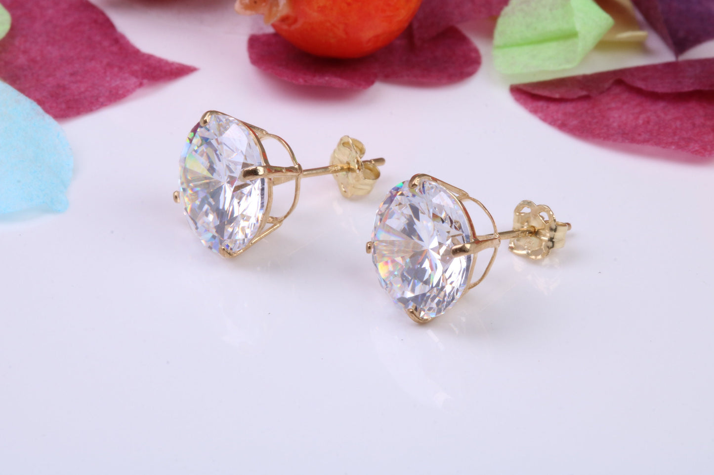 Cast Gold 10 mm Round Cubic Zirconia set Stud Earrings, Made from Solid 9ct Yellow Gold Casting, Ideal for Gents