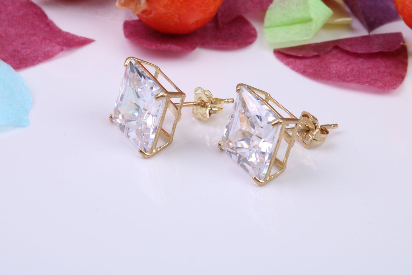 Cast Gold 9 mm Square Cubic Zirconia set Stud Earrings, Made from Solid 9ct Yellow Gold Casting, Ideal for Gents