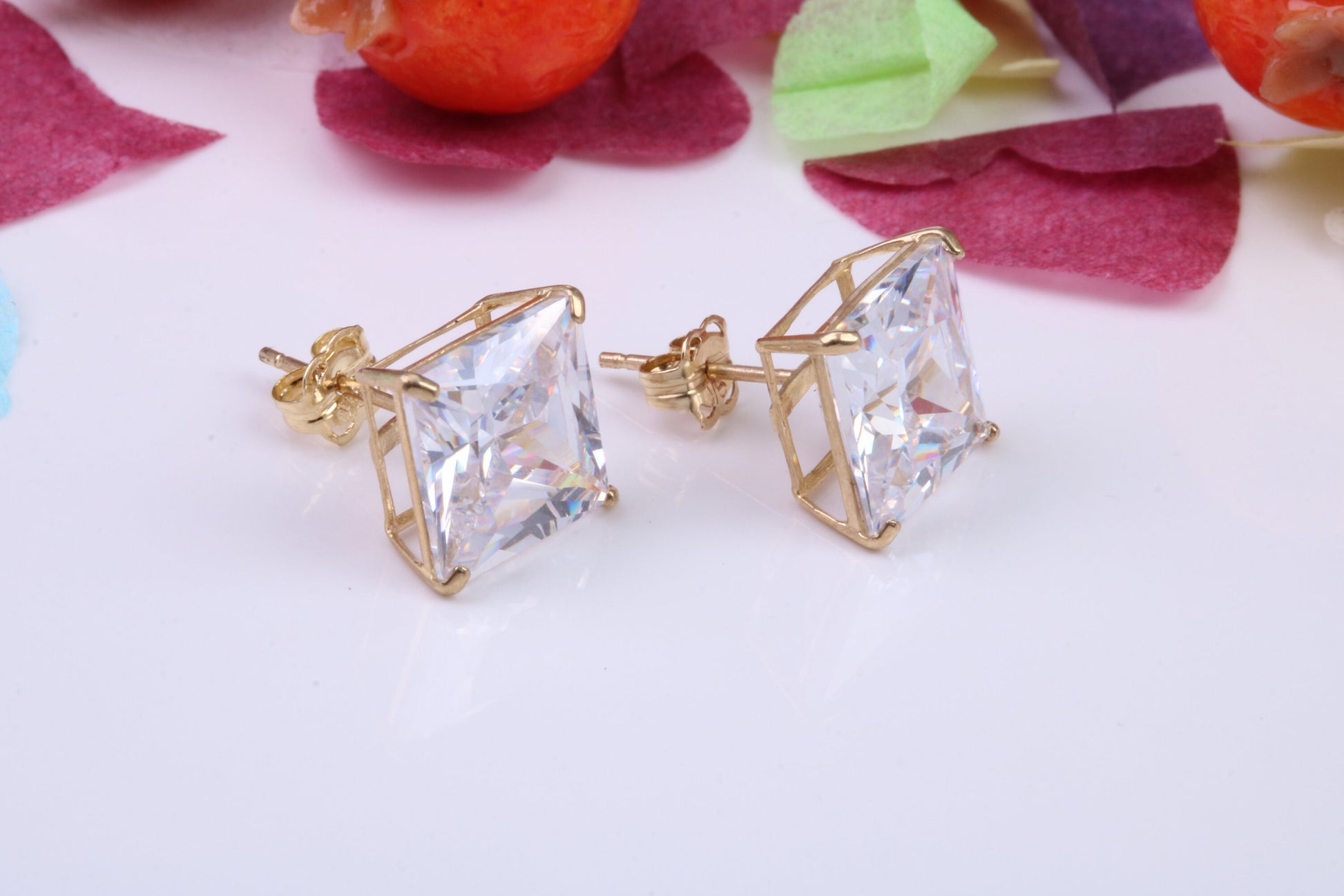 Cast Gold 9 mm Square Cubic Zirconia set Stud Earrings, Made from Solid 9ct Yellow Gold Casting, Ideal for Gents