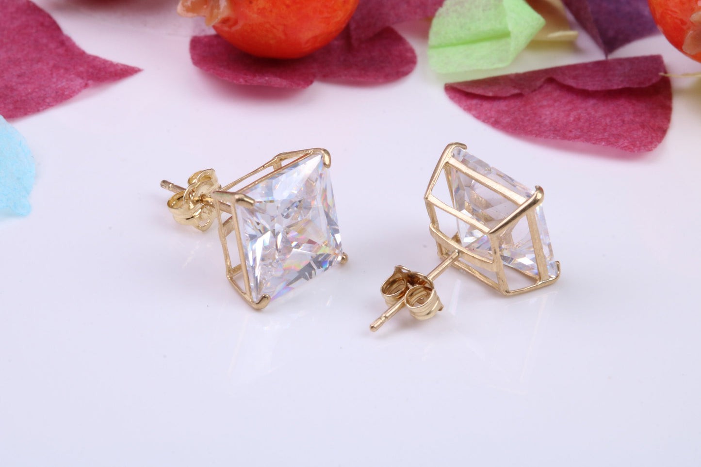 Cast Gold 9 mm Square Cubic Zirconia set Stud Earrings, Made from Solid 9ct Yellow Gold Casting, Ideal for Gents