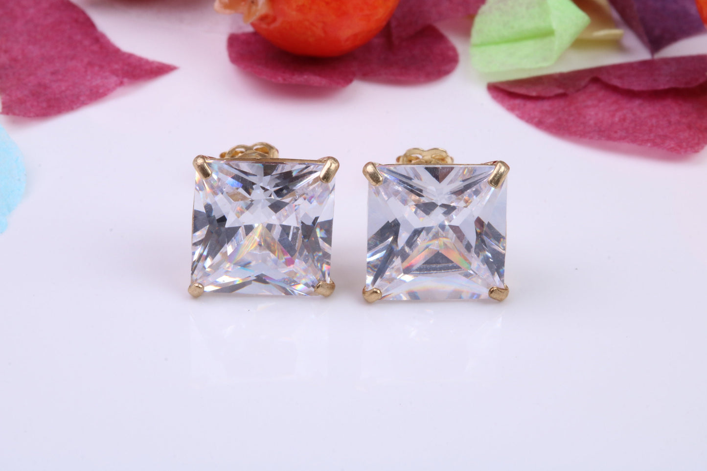 Cast Gold 10 mm Square Cubic Zirconia set Stud Earrings, Made from Solid 9ct Yellow Gold Casting, Ideal for Gents