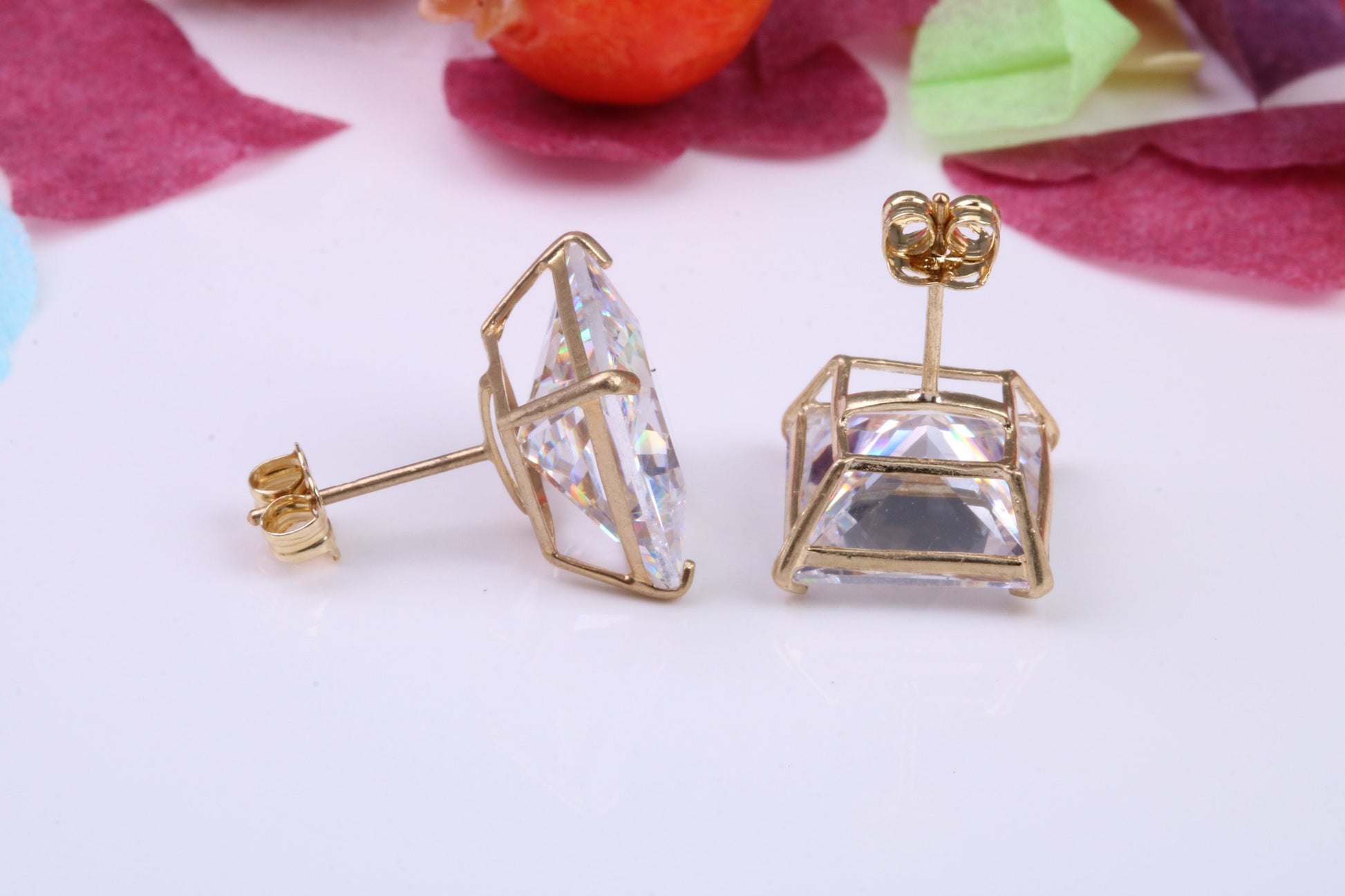 Cast Gold 10 mm Square Cubic Zirconia set Stud Earrings, Made from Solid 9ct Yellow Gold Casting, Ideal for Gents