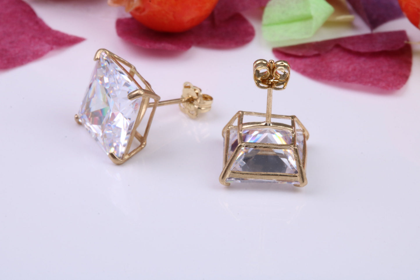 Cast Gold 10 mm Square Cubic Zirconia set Stud Earrings, Made from Solid 9ct Yellow Gold Casting, Ideal for Gents