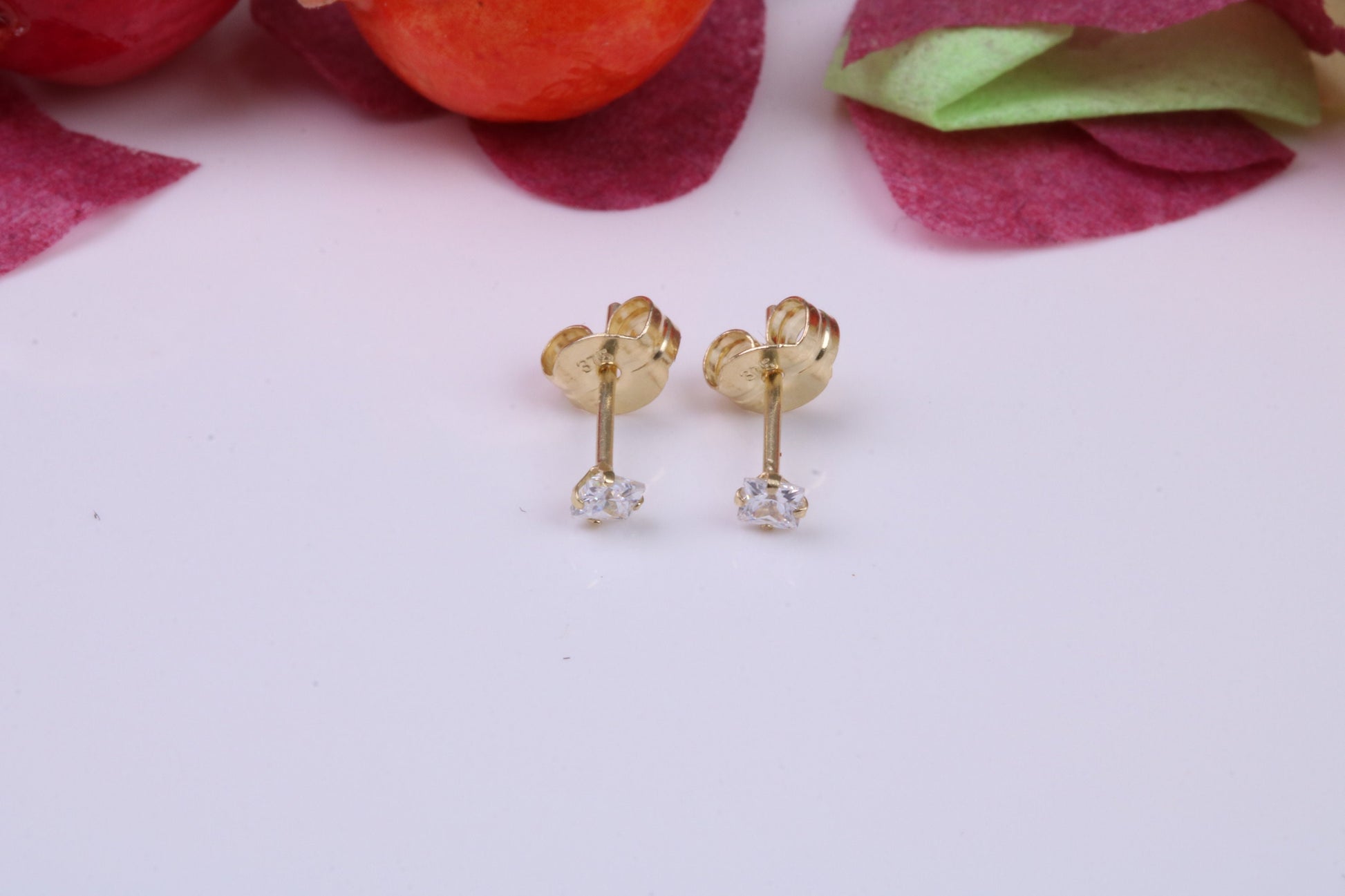 Tiny 2 mm Square Cubic Zirconia set Stud Earrings, Made from Solid 9ct Yellow Gold