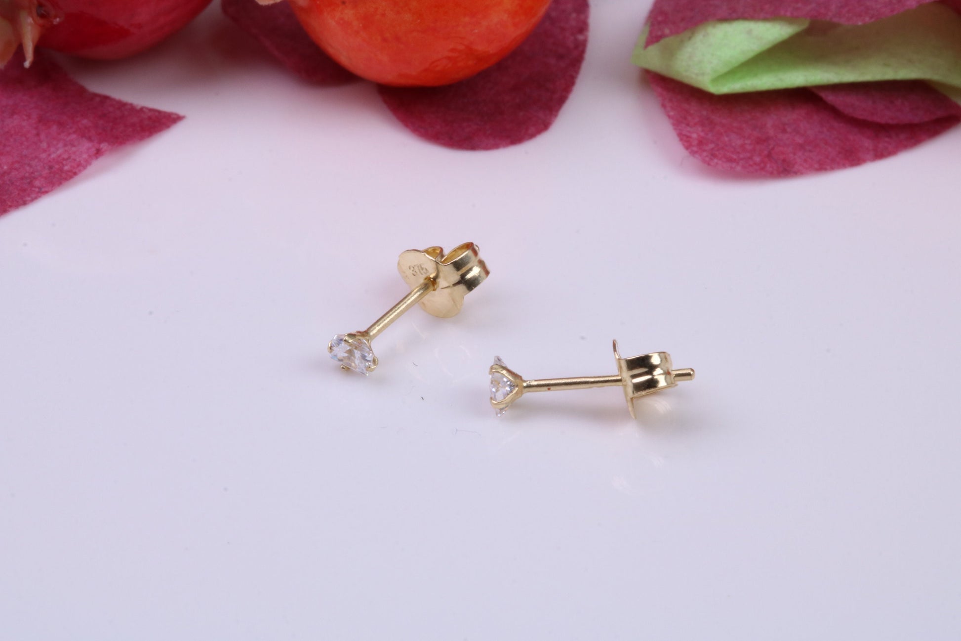 Tiny 2 mm Square Cubic Zirconia set Stud Earrings, Made from Solid 9ct Yellow Gold