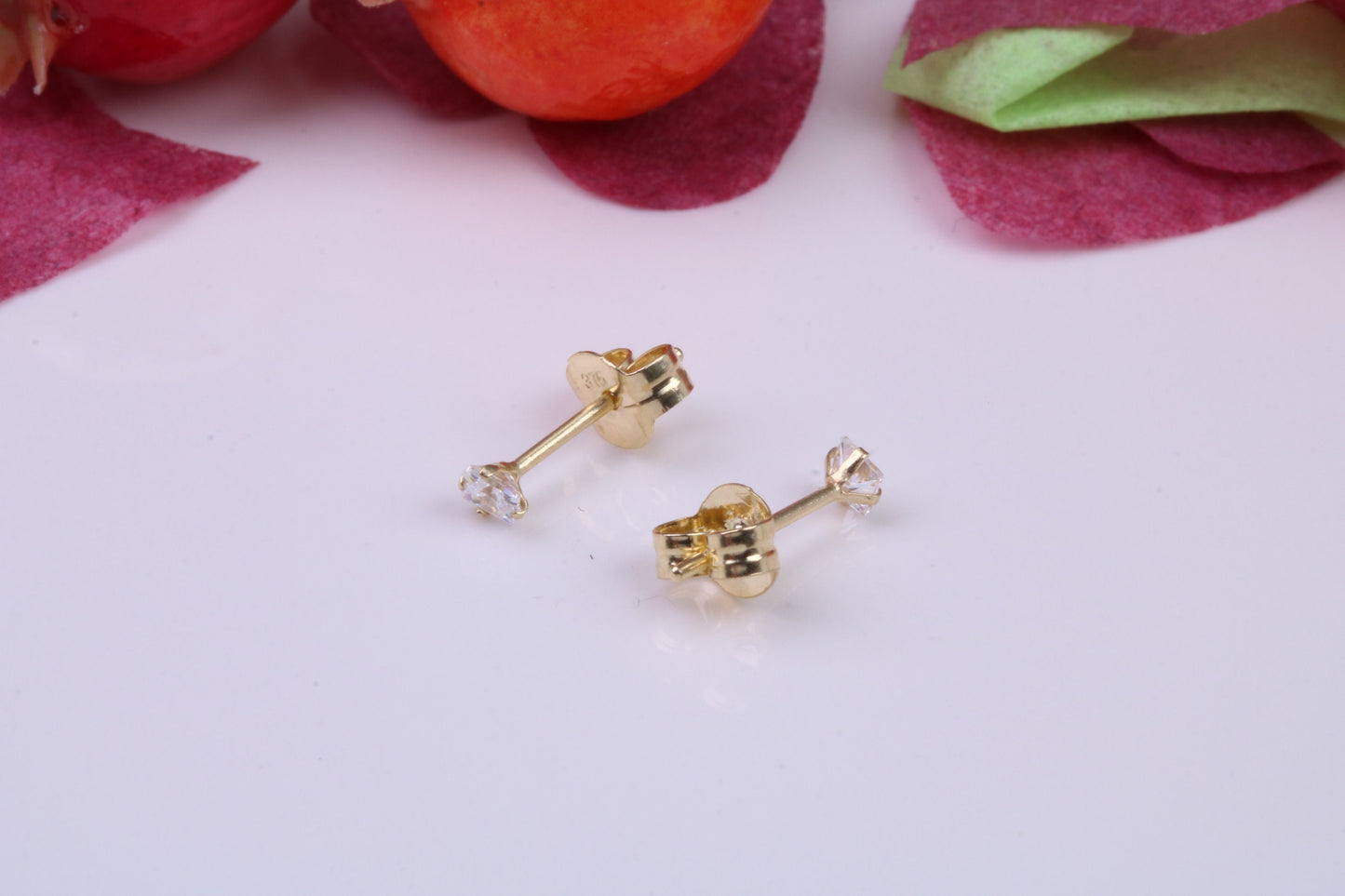 Tiny 2 mm Square Cubic Zirconia set Stud Earrings, Made from Solid 9ct Yellow Gold