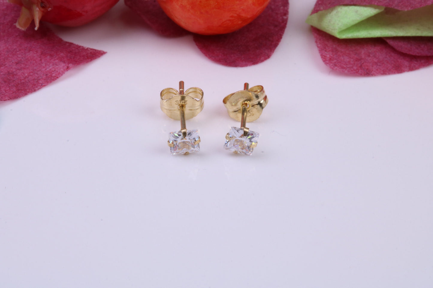 3 mm Square Cubic Zirconia set Stud Earrings, Made from Solid 9ct Yellow Gold