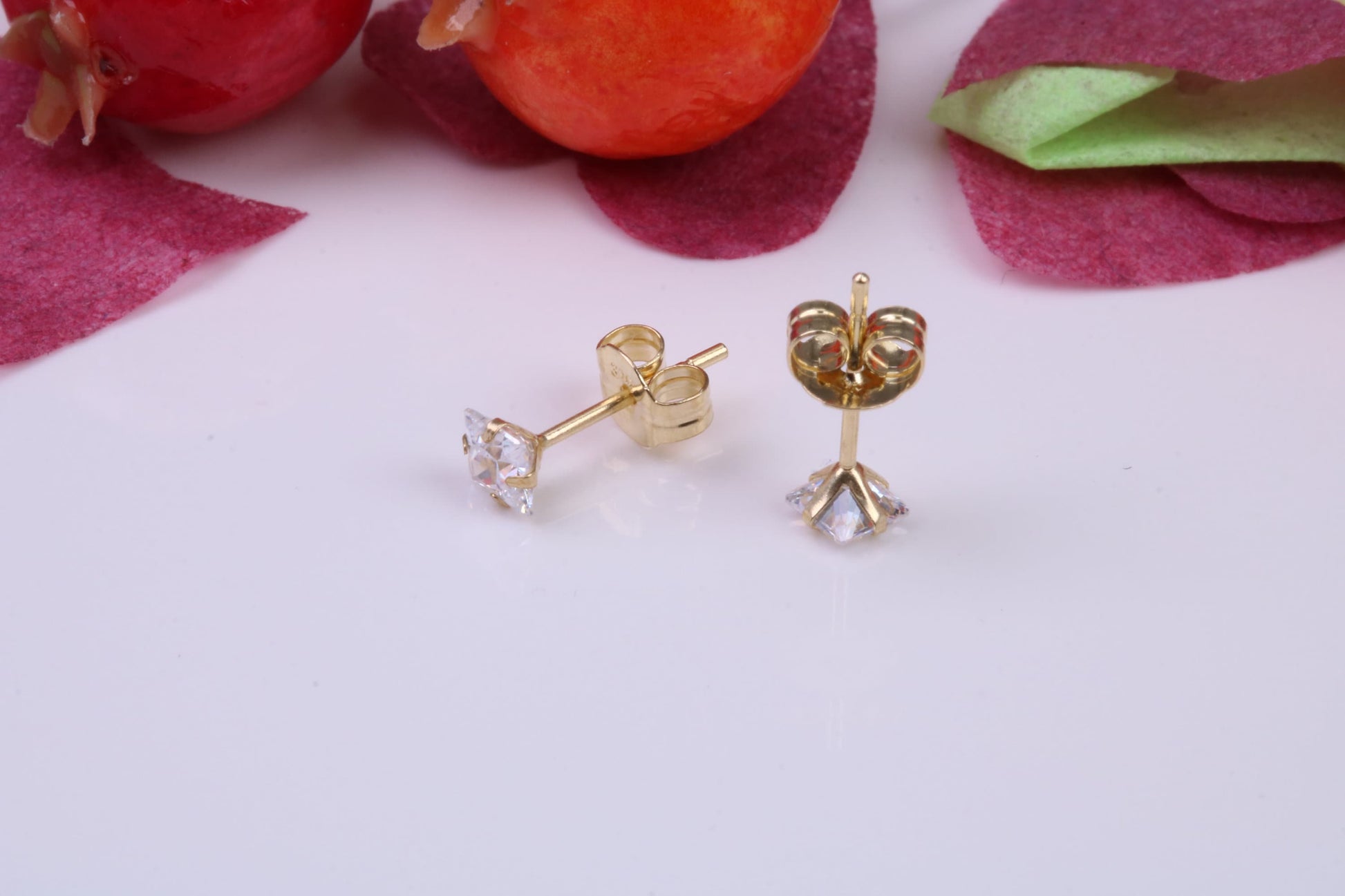 3 mm Square Cubic Zirconia set Stud Earrings, Made from Solid 9ct Yellow Gold