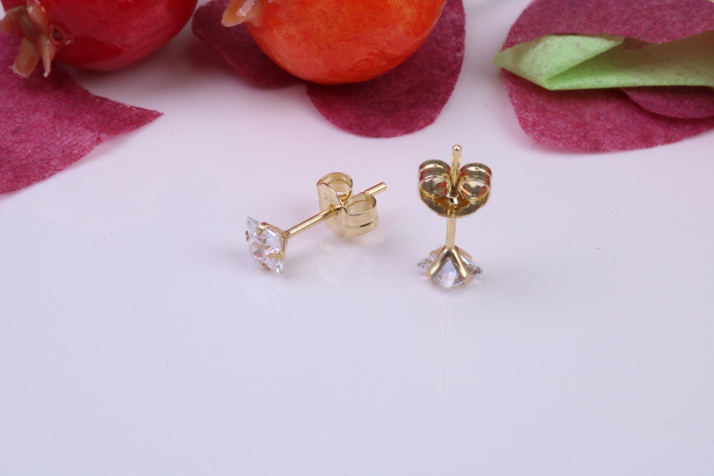 3 mm Square Cubic Zirconia set Stud Earrings, Made from Solid 9ct Yellow Gold