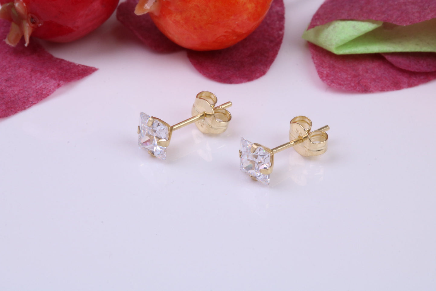 4 mm Square Cubic Zirconia set Stud Earrings, Made from Solid 9ct Yellow Gold