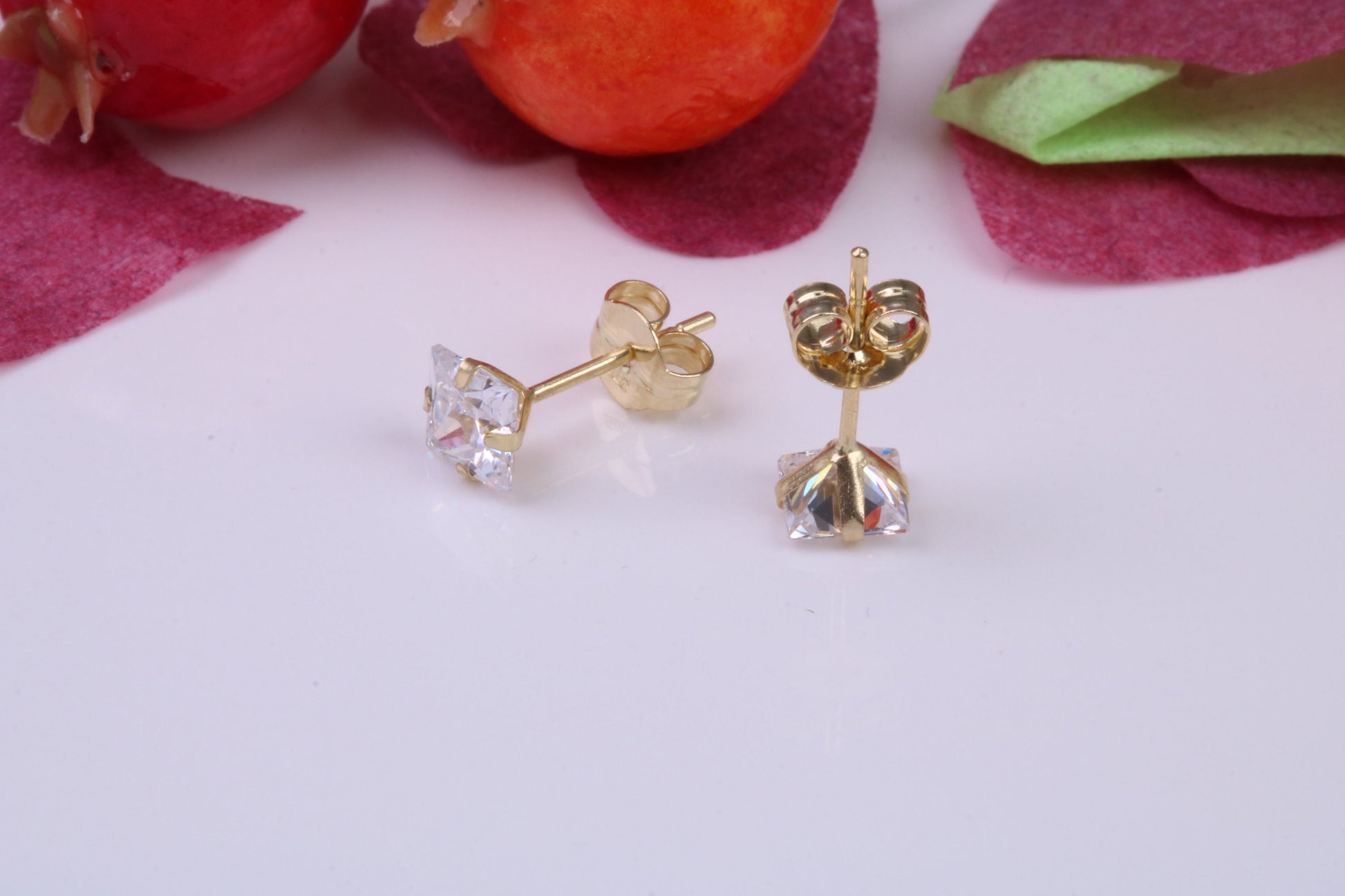 4 mm Square Cubic Zirconia set Stud Earrings, Made from Solid 9ct Yellow Gold