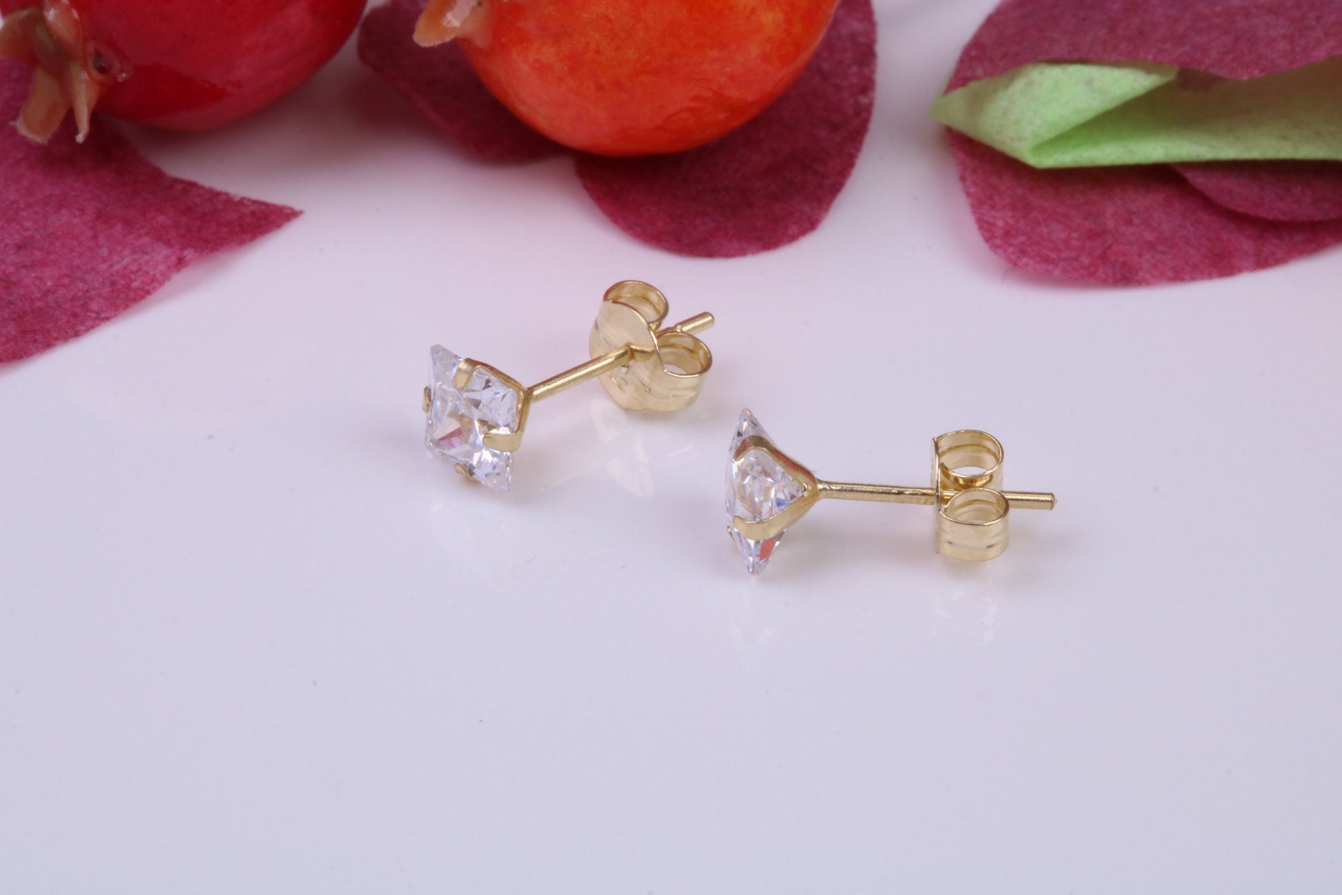 4 mm Square Cubic Zirconia set Stud Earrings, Made from Solid 9ct Yellow Gold