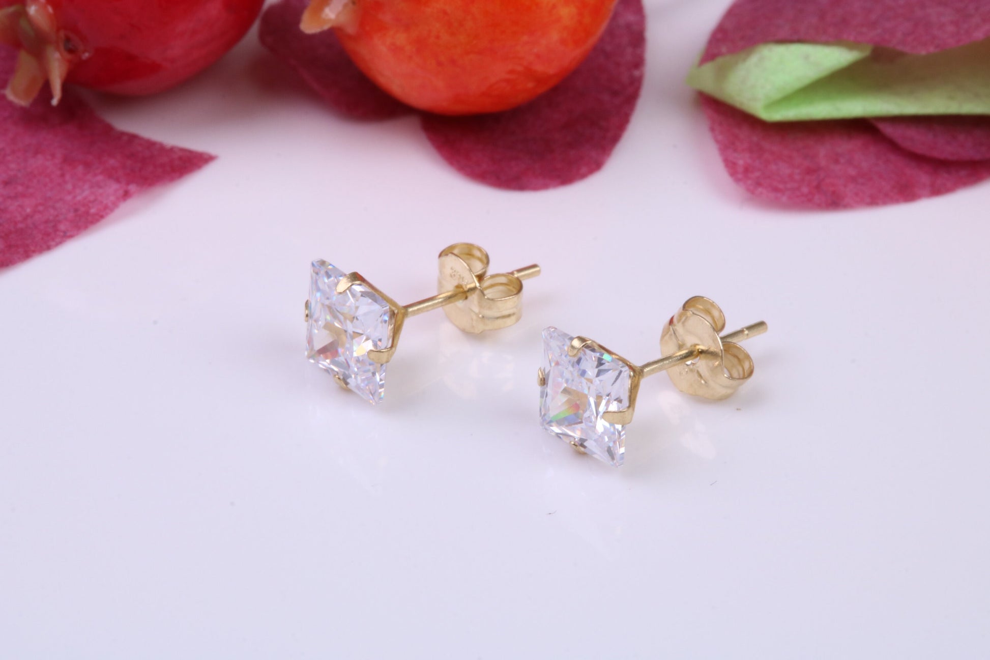 5 mm Square Cubic Zirconia set Stud Earrings, Made from Solid 9ct Yellow Gold