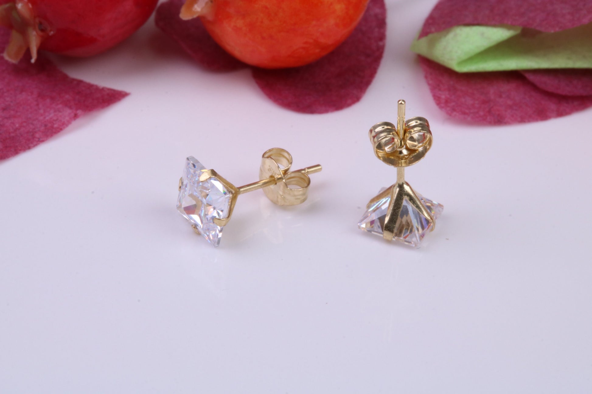 5 mm Square Cubic Zirconia set Stud Earrings, Made from Solid 9ct Yellow Gold