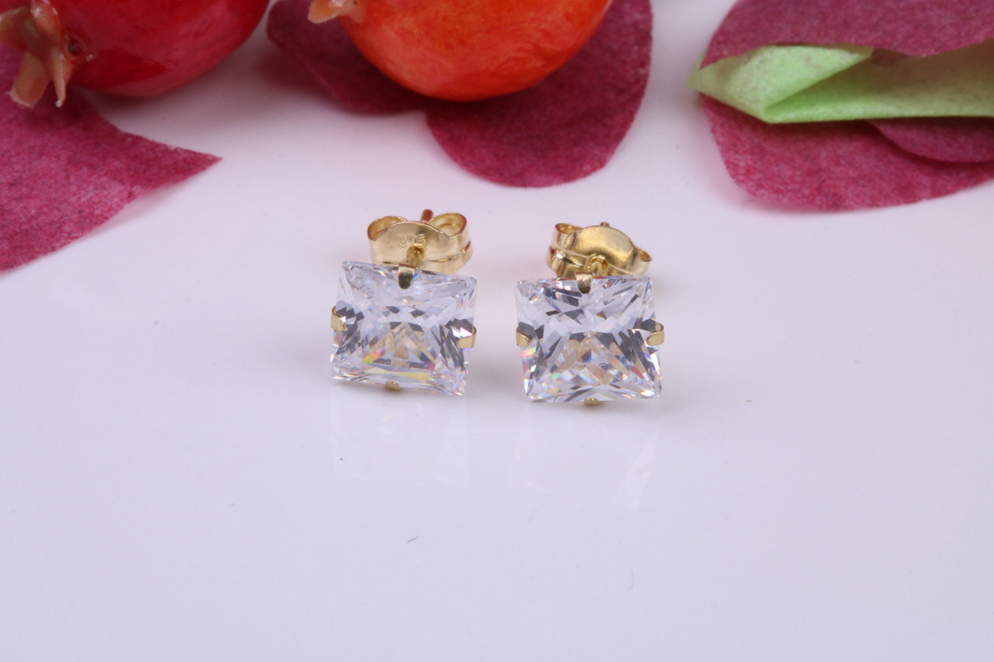 6 mm Square Cubic Zirconia set Stud Earrings, Made from Solid 9ct Yellow Gold